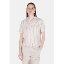 Colins Regular Fit Shirt Neck Çizgili Kadın Bej Kısa Kol Gömlek Cl1074648 Q1.v1 Lbg Lıght Beıge Bej