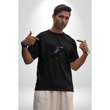 Siyah Karga Pamuklu Bisiklet Yaka Unisex Oversize Boyfriend Dijital Baskılı Siyah T-shirt Siyah