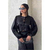 Verymoda Kraşlı Saten Önden Bağlamalı Bluz F1916 Siyah