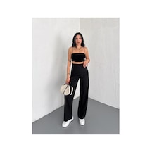 Gugus Kadın Cepsiz Dokuma Kumaş Pantolon Beli Cırtlı Bol Paça Wide Leg Model Siyah