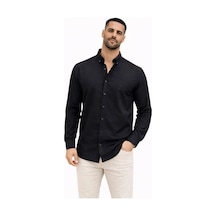 Erkek Keten Kumaş Uzun Kollu Regular Fit Gömlek - Siyah