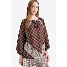 Defacto Relax Fit Bisiklet Yaka Bağlamalı Desenli Uzun Kollu Bluz F9255ax25aubn320 Kahve