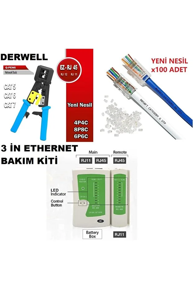 Yeni Nesil Pense + Ez Rj45 Delikli 100 Lü + Jak Test Cihazı + Ethernet İnternet 3 İn 1 Bakım Seti Network Seti