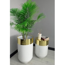 Dekoratif Gold Darbuka Parlak Beyaz Saksı 70cm + Sehpa 60cm İkili Set