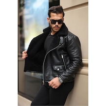 Erkek Napa Deri Çapraz Fermuarlı İçi Full Kürklü Slim Fit Mont & Ceket Siyah - Siyah