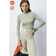 Kadın Çıtçıtlı Dik Yaka Uzun Kollu Basic Body Rahat Fit, Yeni Sezon, Kadın Body Mint Yeşil