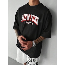 Newyork Hustle T-shirt - Siyah Baskılı Oversize Bisiklet Yaka Kısa Kol Tişört Siyah