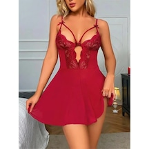 Ang Butik Kadın Bordo Dantel İşlemeli Göğüs İp Detaylı Tül Gecelik Takımı