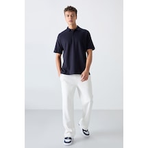Lacivert Pamuklu Kalın Yumuşak Dokulu Oversize Fit Basic Polo Yaka Erkek T-shirt - 88327 001