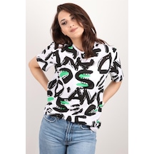 Kadın Baskılı Bisiklet Yaka Oversize T-shirt Beyaz