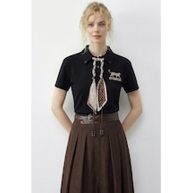 Shade Kadın Tiger Nakışkı Fular Detaylı Polo Yaka T-shirt 3501 60283973 - Siyah