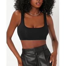 Liona Kadın Kare Yaka Siyah Slim Fit Mini Crop Top Bluz 001