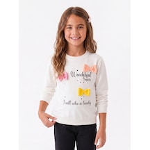 Onloox Kız Çocuk Ekru Kız Çocuk Ekru Pamuklu Bisiklet Yaka Tam Kalıp Renkli Fiyonk Aksesuarlı Sweatshirt 3 Yaş