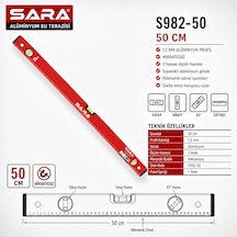 Sara S982-50 50 Cm Mıknatıssız Su Terazisi 3 Kapsüllü, 1,2 Mm Alüminyum Profil