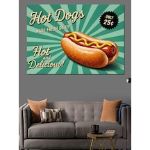 Hot Dog Sloganlı Sosisli Görselli Retro Afiş Dekoratif Kanvas - Mdf Ahşap Tablo