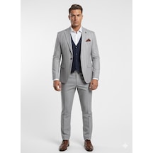 Erkek Çizgili Takım Elbise 3 Lü Set Ceket + Yelek + Pantolon Slim Fit İtalyan Tarz Gri