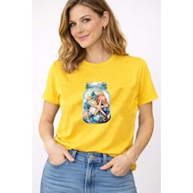 Herkesemoda Kadın Yazlık Deniz Temalı Baskı Detaylı Bisiklet Yaka Pamuklu T-shirt Sarı
