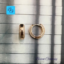 Rose Kenar Kısımları Taş Dizili Düz Halka Küpe Gümüş