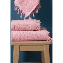 %100 Pamuk 2'li Bağlamalı Lüks, Jakarlı, Çeyizlik Banyo Havlu Seti 1 Adet 50x90, 1 Adet 100x150 Pudra Pembe