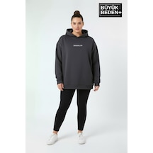 Süperlife Kadın Büyük Beden Kapüşonlu Brooklyn Baskılı İnce Sweatshirt Spr26bswk961 Füme