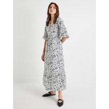 Koton Midi Çiçekli Elbise Balon Kol V Yaka Volanlı Pamuklu Siyah Desenli 4sak80100pw Siyah