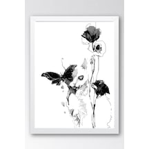 Modern Sanatsal Kedi Ve Kelebek Çerçeveli Tablo - Minimalist Monochrome Duvar Dekoru Beyaz