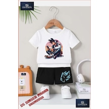 Ss Sinser Çocuk Unisex Goku Telefon Kulaklik Oturan Özel Baskılı Bisiklet Yaka Tişört - Şort Alt - Üst Çocuk Takım Renk:beyaz/sıyah