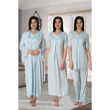 Effort Pijama 5036m Mavi Dantel Yaka Lohusa Hamile 4'lü Set Mavi