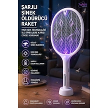 Beyaz Şarjlı Elektrikli Sinek Öldürücü Raket Mor Işıklı Masaüstü Standlı Usb Şarjlı 2 Modlu Sinek Kovucu