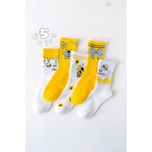 Hitit Socks Kadın 5 Çift Premium Kalite Arı Ve Çiçek Desenli Uzun Soket Çorap Sarı