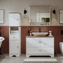 Lavabolu Mdf 100Cm Çekmeceli Banyo Dlp + Aynalı Üst Dlp + Boy Dlp Beyaz - Atlantik Çam