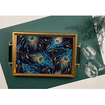 Sembol 50x31cm Kulplu Gold Tavuskuşu Tüyü Desenli Ahşap/Cam Tepsi