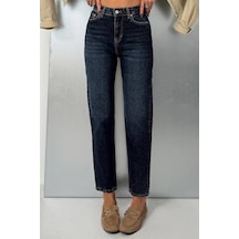 Balenbi Kadın Yüksek Bel Yıkamalı Strech Mom Jean Likralı Kot Pantolon 1246 - Premium Seri Koyu Mavi 2388