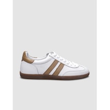 %100 Hakiki Deri Beyaz Bağcıklı Kadın Sneaker Beyaz