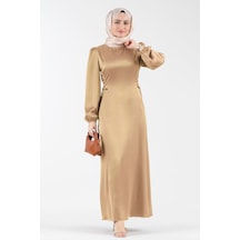 Yanı Bağcıklı Saten Abiye-bej-4079