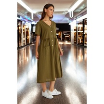 Beli Büzgülü V Yaka Keten Elbise Haki Beli Büzgülü V Yaka Keten Elbise Haki