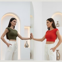İkili Paket Ay Kollu Crop Kırmızı/haki Çok Renkli