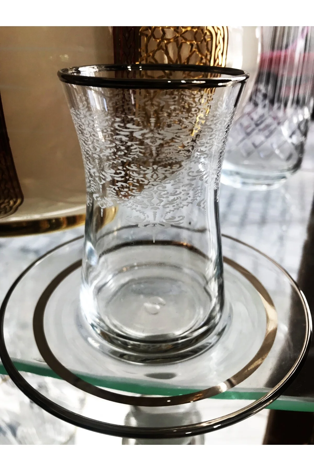 Platin Çay Takımı 2 Parça Tek Kişilık Kişiye Özel 1 Bardak 1 Tabaklı Şeffaf