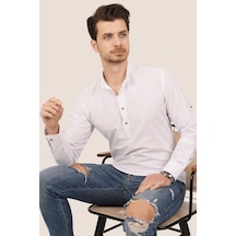 Beyaz Hakim Yaka Üç Düğmeli Slimfit Keten Erkek Gömlek Beyaz