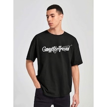 Unisex Oversize Gangster Friend Baskılı T-shirt Siyah