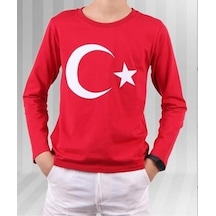 Unisex Türk Bayraklı Uzun Kol T-shirt-8924 Kirmizi