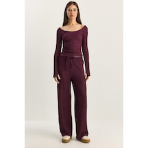 Shade Kadın Geniş Paça Krinkıl Örme Pantolon 4108 60283847 - Mürdüm