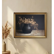 Antika Gold Çerçeveli Toprak Testide Kuru Çiçek Tablosu - Vintage Salon Duvar Dekoru 80x60 Cm