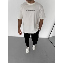 Modi Unisex Bisiklet Yaka Baskılı Oversize T-shirt - Beyaz - Mymg106743