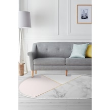 Kaymaz Dijital Mutfak & Salon Halı Trend Saçaklı Oval Geometrik E5008 Beyaz