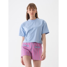 Xint Mavi Pamuk Dokulu Oversize Tişört 602459