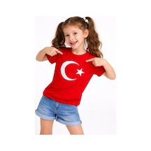 Kız Çocuk Tişört Bisiklet Yaka Ay Yıldız Bayrak Baskılı T-shirt - Kırmızı Kirmizi