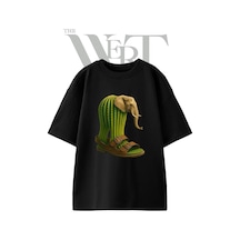 Thewert Elephant Cactus Sandal Tasarım Baskılı Ünisex Siyah Oversize T-shirt