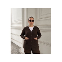 Onno Style Women Jakarlı Kendinden Desenli Çelik Örgü Triko Kadın Ceket Kahverengi
