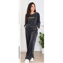 Mihra Mıhra Kadife Füme Bonjur Yazan Kadın Pijama Takımı Gri - Füme